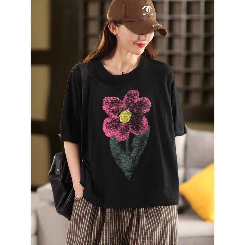 DIMANAF 2025 Summer Cotton T-shirt Women Flower Printing Short Sleeve Loose Green Blue T-shirt