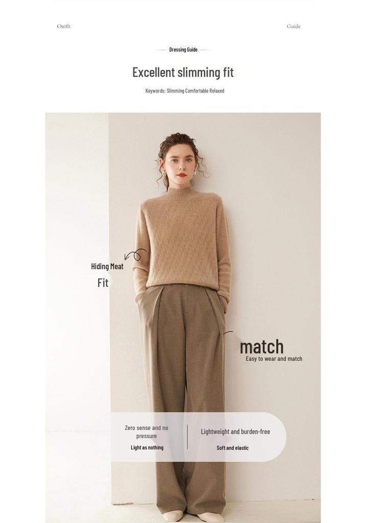 Women's Half-High Collar Slimming Cashmere Wool Sweater - Solid Color, Warm Autumn and Winter Base Layer.