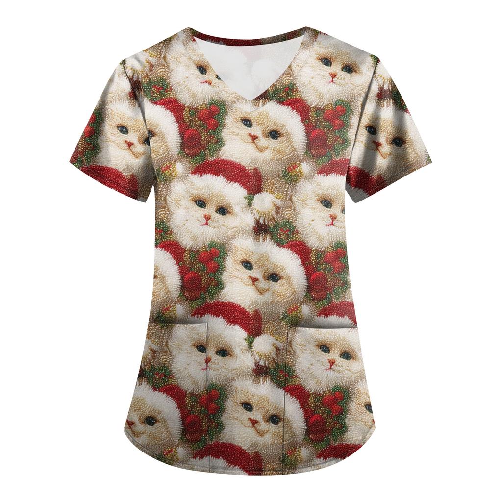 Plus SizePrinted Scrub Working Uniform Tops For Women's Cross V-Neck Print Short Sleeve Fun T-Shirts Workwear Tee With Pockets