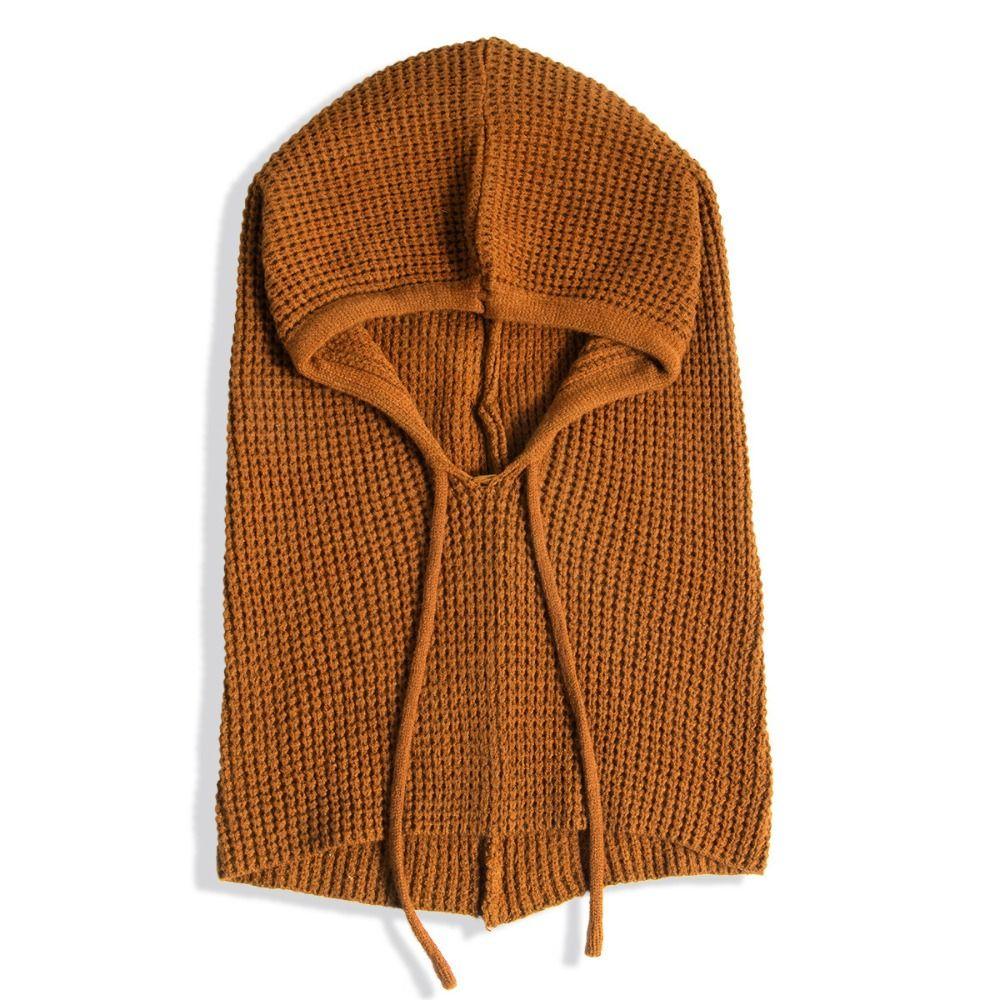 Drawstring Closure Neck Warmer Hat Thick Knit Winter Pullover Hat  For Women Man