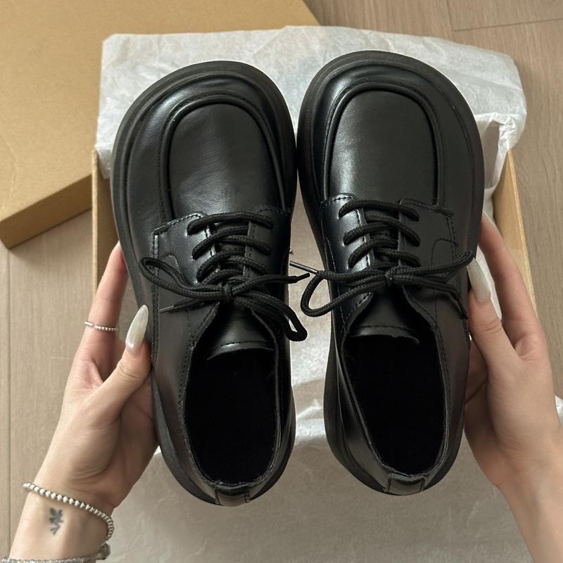 

Muffin platform small leather shoes women s 2025 spring new versatile fashion retro British style lace-up with skirt single shoes 40