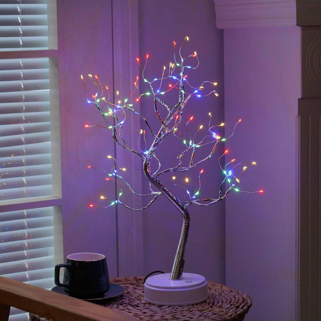 LED Bonsai Tree Lamp: Silver Branches with Pearls and Gold Leaf, Perfect for Christmas or Night Lighting