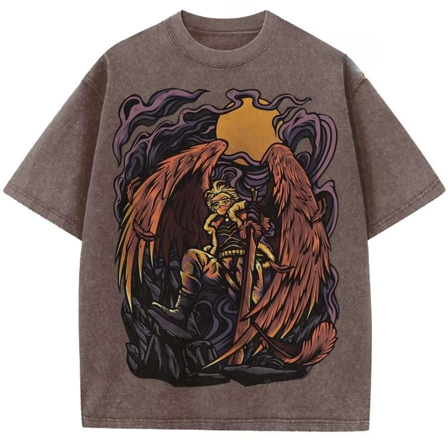 

Hawks Print T-shirt Anime My Hero Academia Clothing Men Women Short Sleeve Tshirts Retro Washed T Shirt Harajuku Male Cotton Top XXL коричневий