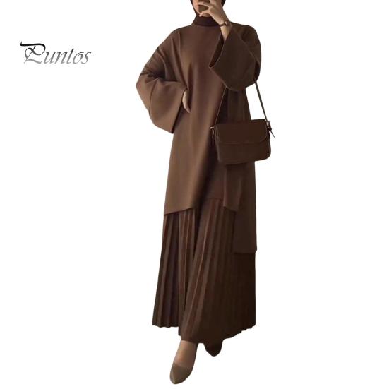 

2 шт./комплект осень-весна женский ретро топ-юбка комплект с круглым вырезом длинные рукава средней длины топ плиссированная А-силуэт свободная макси-юбка наряд для свиданий на работу L верблюд