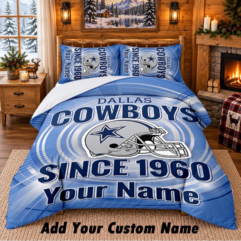 Dallas Cowboys Pattern Bedding 3Pcs Set Custom Name, Bed Sheet And Pillowcases For Home Bedroom