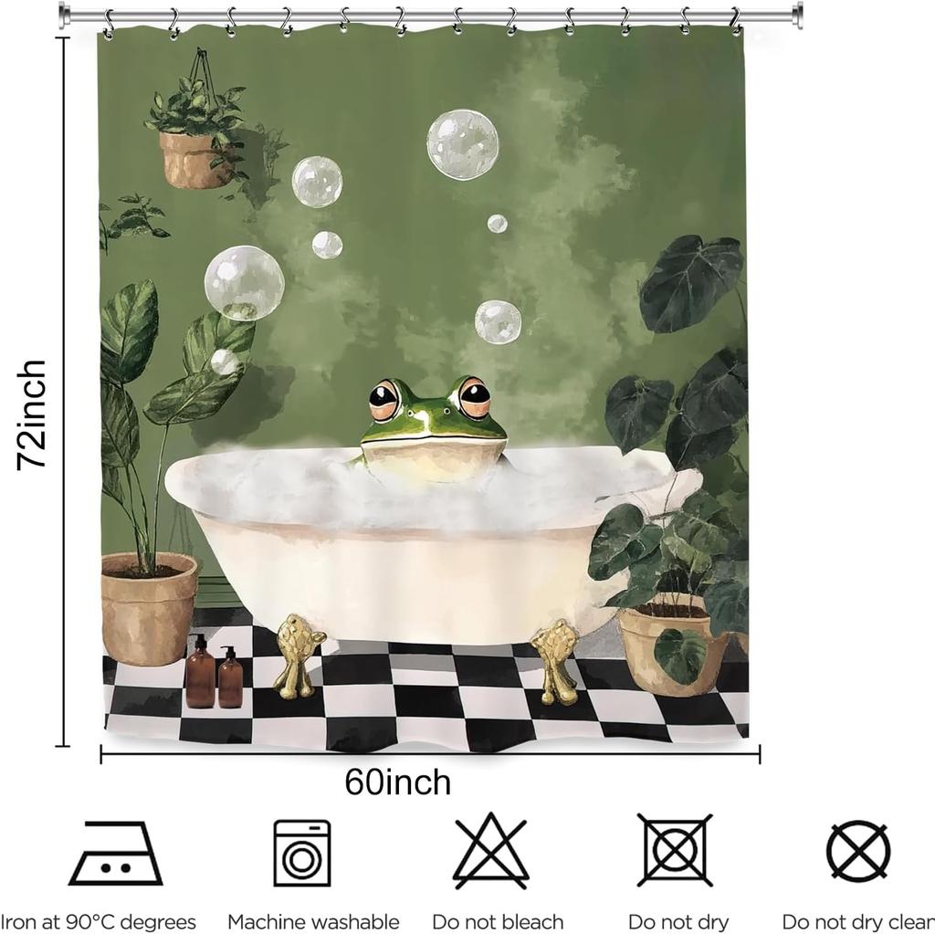 Funny Frog Cute Shower Curtain Animal Hilarious Green Plant Vintage Bathroom Set Accessories Decor with 12 Pack Hooks
