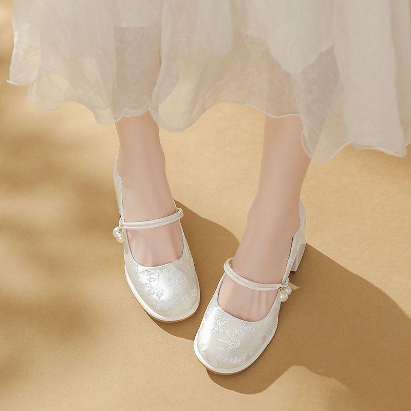 French evening wind thick heel single shoes women's skirt gentle one-word buckle belt shallow mouth single shoes women's spring and summer new models