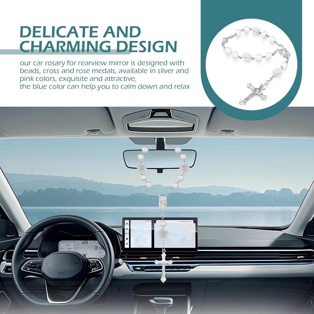 2PCS Car Rose Rosary for Rearview Mirror, Cross Blessing Rear View Mirror Hanging Decors, Auto Interior Hanging Accessories for SUV, Sedan, Truck