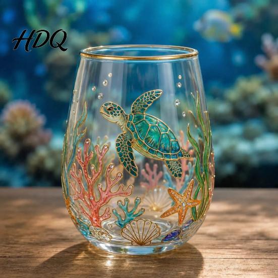 Unique Painted Tea Cup Sea Turtle Glass Tumbler Ocean Theme Drinking Mug Borosilicate Stemless Coffee Mug for Juice Beach Gift Nature Lovers Juice