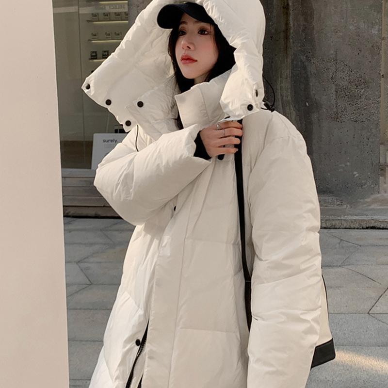 Herfst en Winter Mode Losse Katoenen Jas met Capuchon Dames Lange Bovenkleding Over de Knie Donsjas Dikke Broodjas Warme Jas