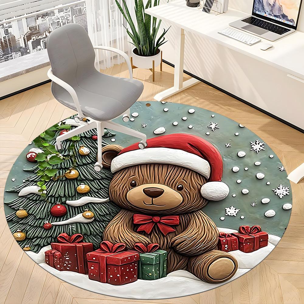 1PC Christmas Bear Office Round Area Rug, Mat Suitable For Office, Under Office Chairs Bedroom Living Room Home Decor, Room Deco