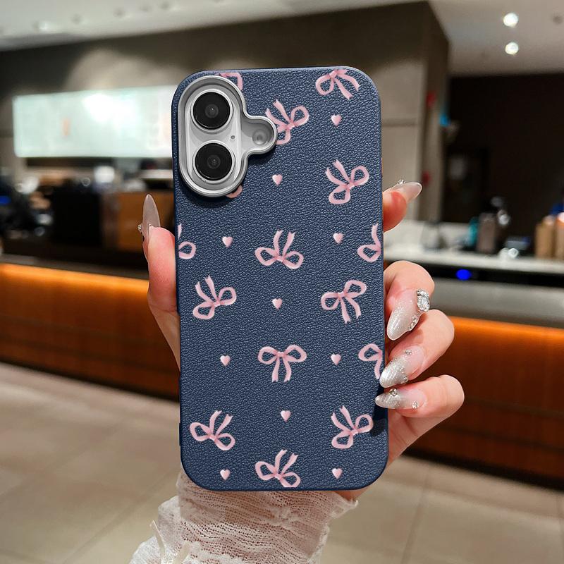Cute Pink Bow Pattern Phone Case For iPhone 16 15 14 Pro Max 14 Plus 13 12 Pro 11 Shockproof Leather Texture TPU Silicone Cover