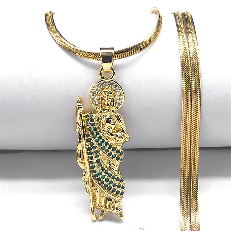 

Подвеска Святого Иуды Фаддея с цирконом на змеевидной цепочке из нержавеющей стали золотой