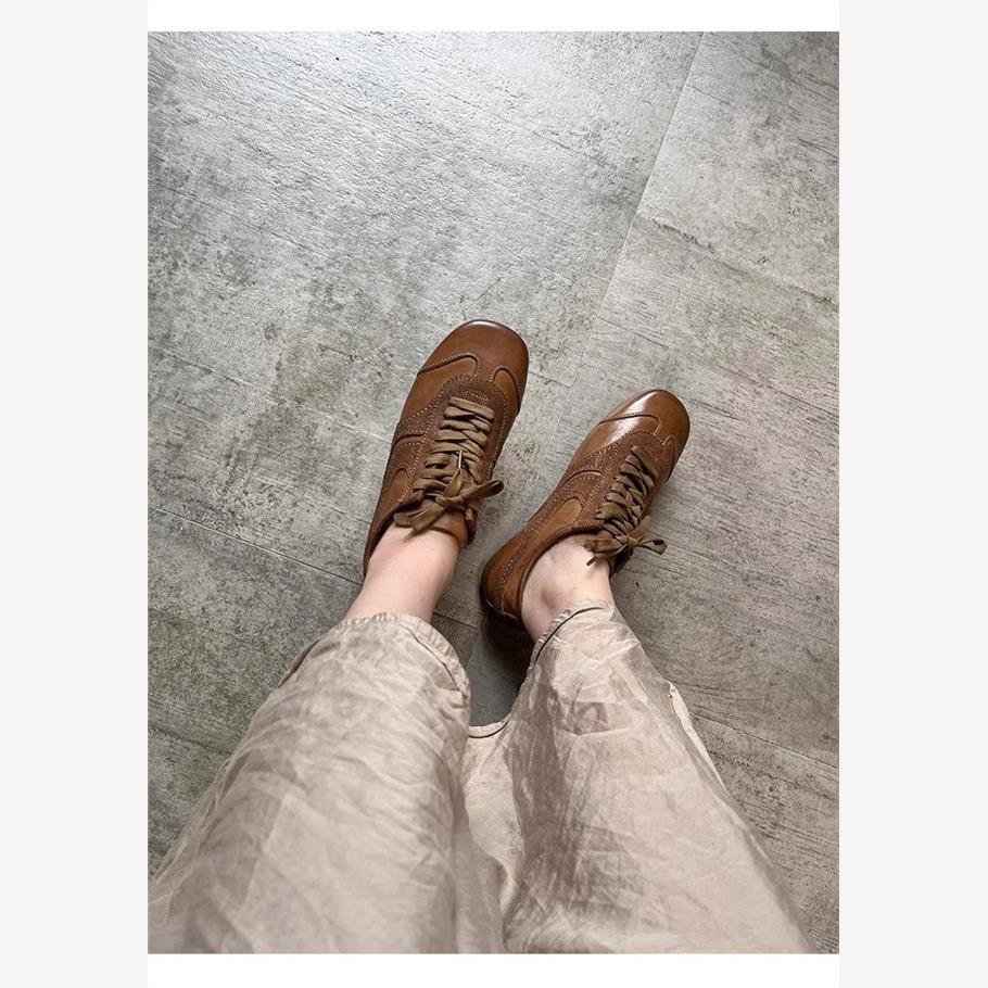 Cowhide Version~ Niche Leather German Training Shoes Women's Winter Flat Forrest Gump Shoes Versatile Retro Board Shoes Casual Sports Shoes