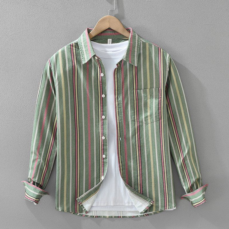 Spring Japan fashion Print Vertical Stripes Long sleeve Shirts Men's Loose Hong Kong Style Western Style Casual Shirt Outerwear Pure Cotton