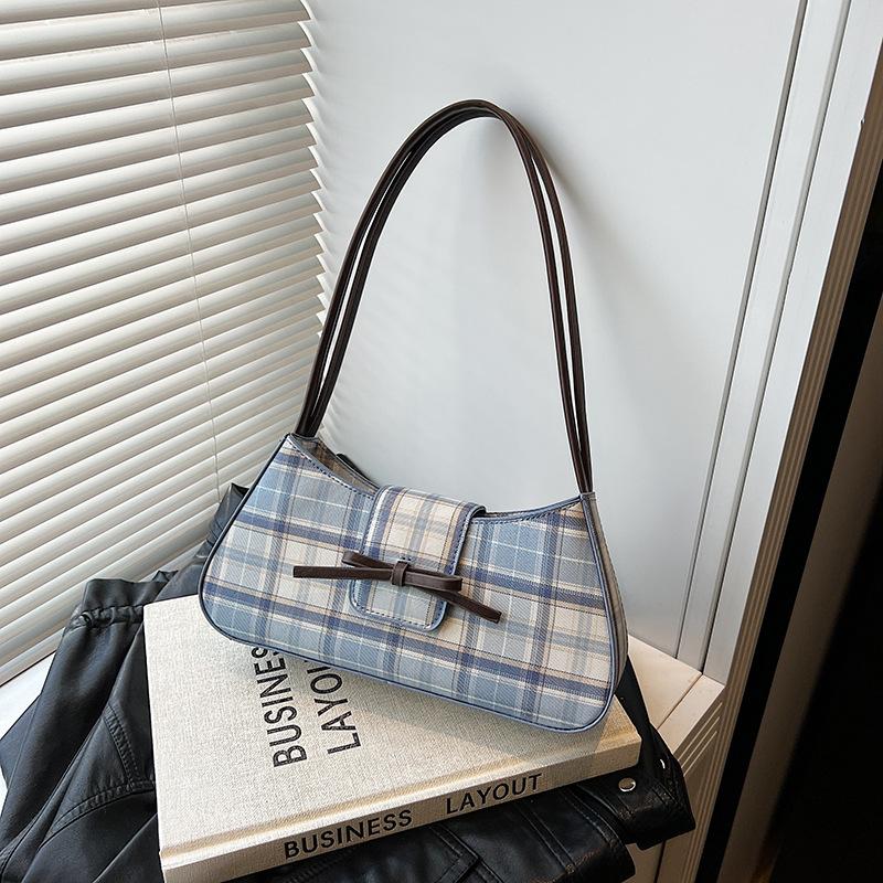 Bow Fashion 2025 New Women's Bag Trendy Personalized PU Leather Plaid Baguette Underarm Bag Casual Shoulder Women's Bag