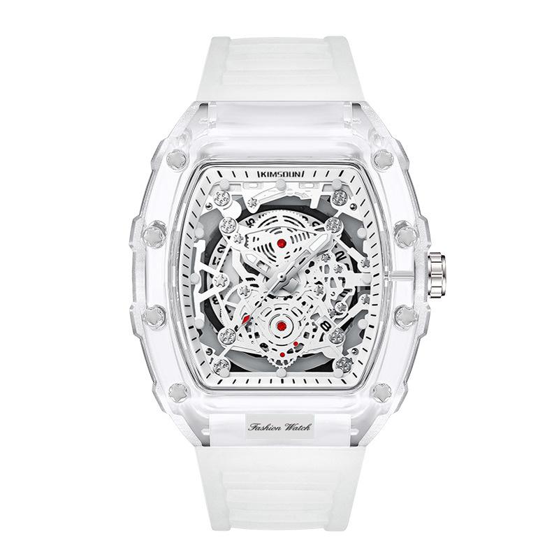 Fashionable Casual Men's Watch Luminous Calendar Function Silicone Strap Tonneau Shaped Transparent Case Men Quartz Watch Reloj