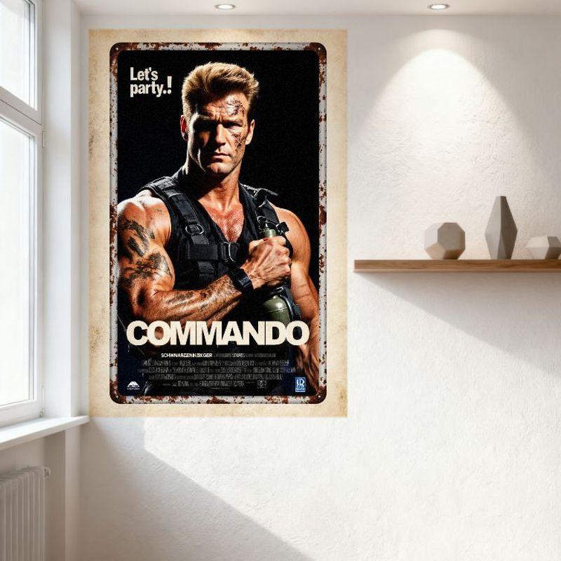 Commando Movie Poster Schwarzenegger Vintage Metal Sign, Muscular Warrior with Tattoos, Retro Rusty Frame, R-Rated for Bar Home