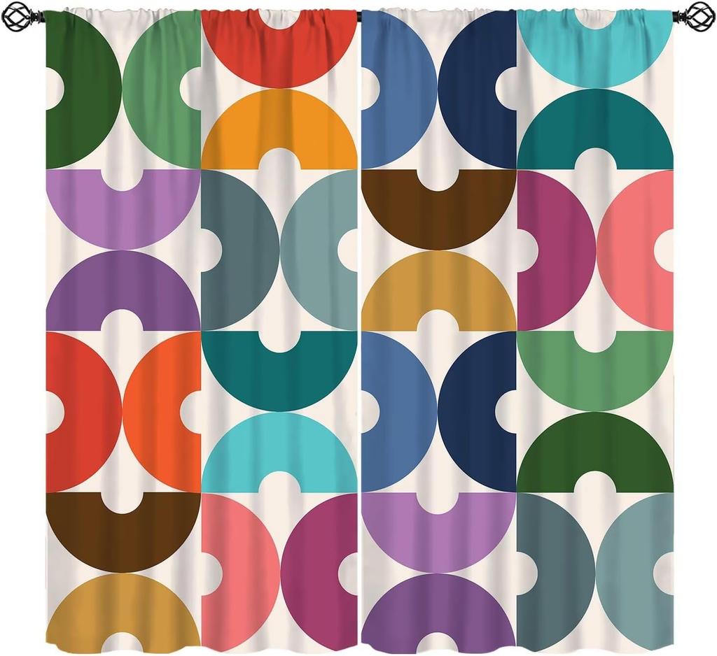 Mid-Century Vorhang, Gelb Vintage Abstrakt Boho Fensterdekoration Moderne Geometrische Kreise Kreisförmig Klassisch Retro 50er Jahre Bauernhaus
