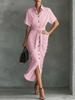 Women's Casual Dresses - Vintage Women Pleated Short Sleeve Button Down Shirt Dress Fashion