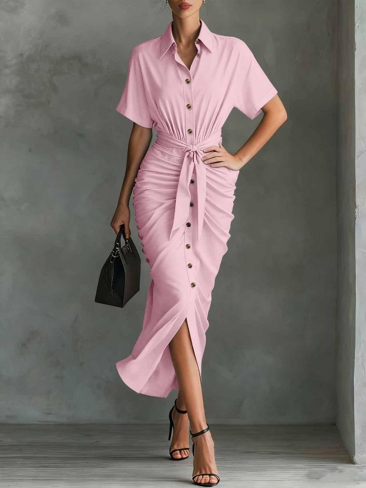 Women's Casual Dresses - Vintage Women Pleated Short Sleeve Button Down Shirt Dress Fashion
