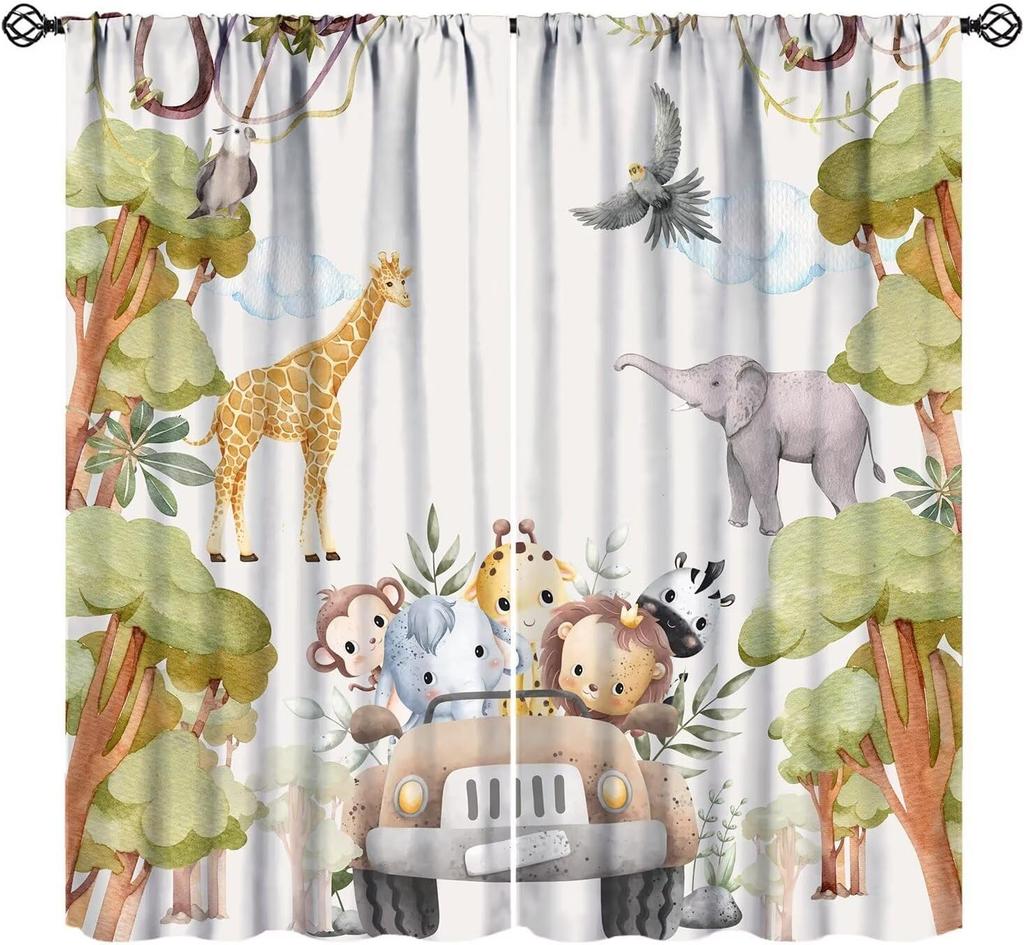 Cartoon Blue Bear Curta For Boys,Watercolor Little Cute Animal Aircrafts Hot Air Balloons Rainbow Window Drapes For Baby Boys