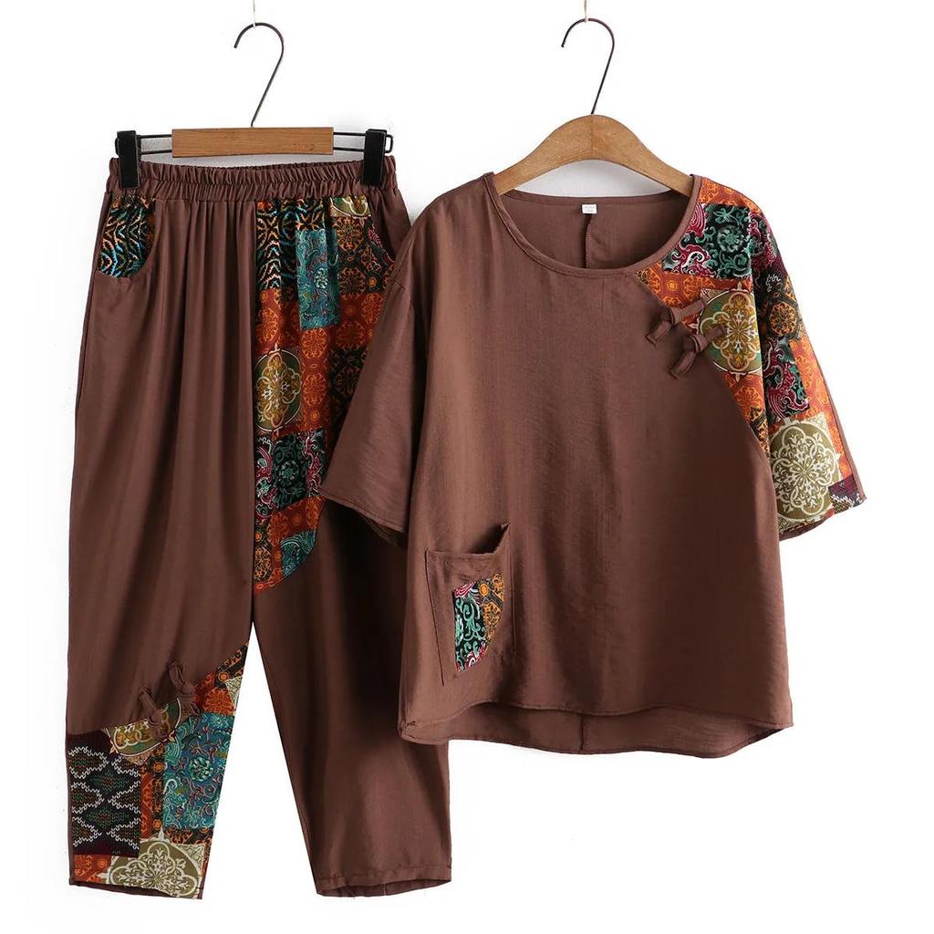 Women's Summer Loose Big Size Ageing Set of Middle-aged and Elderly Retro Leisure Cotton and Linen Top + Pants Two-piece Set
