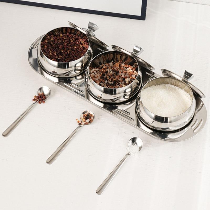 Durable 304 Stainless Steel Condiment Container Set With Lid And Spoons Spices Storage Solution For Home Use
