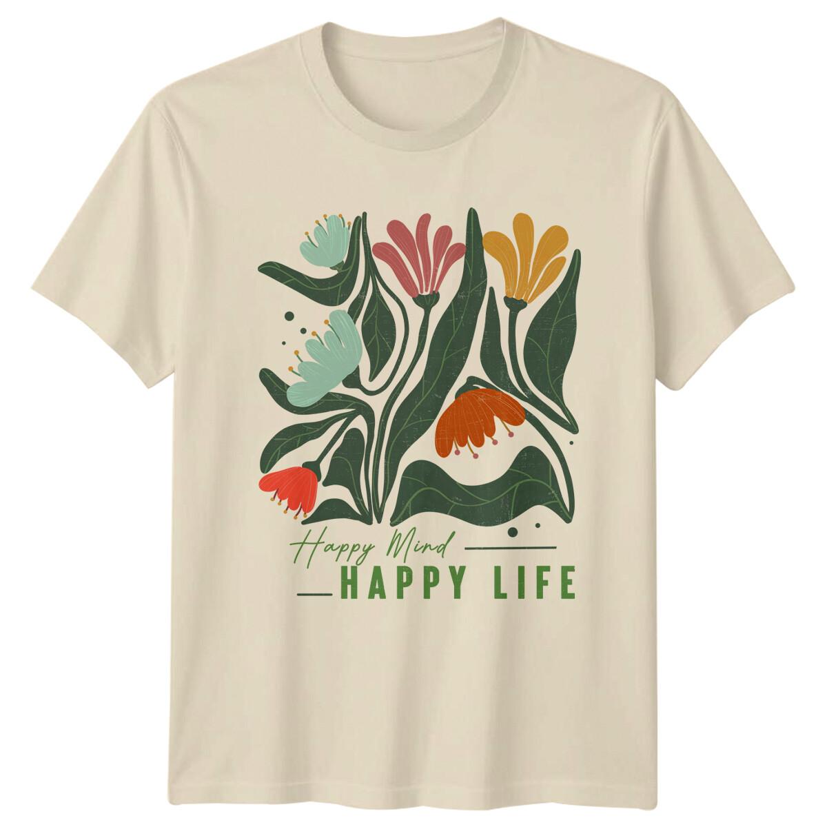 Happy Mind Happy Life Floral Graphic Nature T-Shirt S