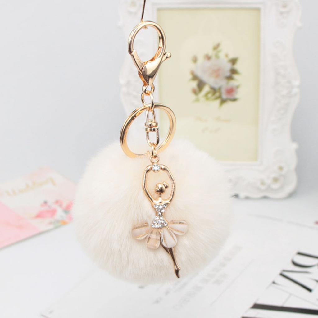 Faux Pom-Pom Keyring Adorable Rhinestone Angel Car Key Charm Women's Handbag Faux Pendant