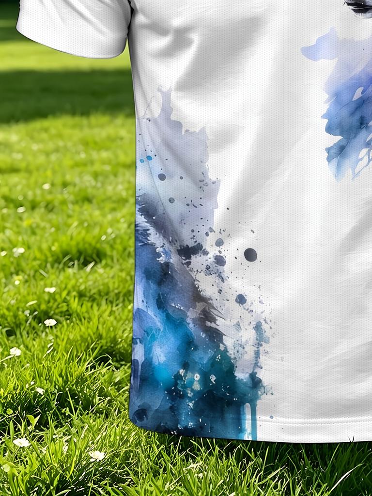 Men'S Summer Polo Shirt, Breathable Short Sleeves, Versatile Business Casual Top with a Gradient Ink Wolf Head Print, Casual Collar Wild Style Shirt