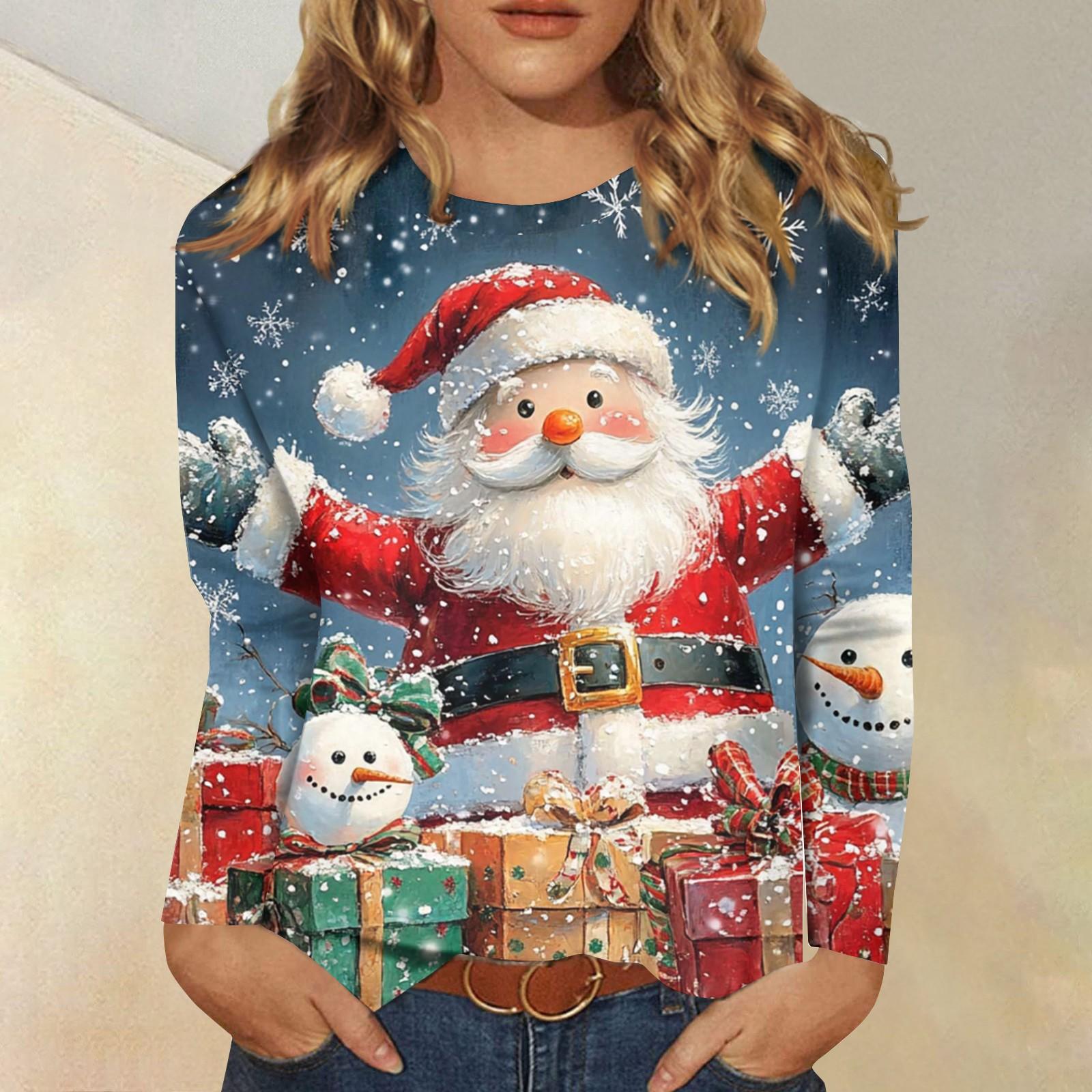 

Женская модная повседневная футболка с длинным рукавом и рождественским принтом, с круглым вырезом M