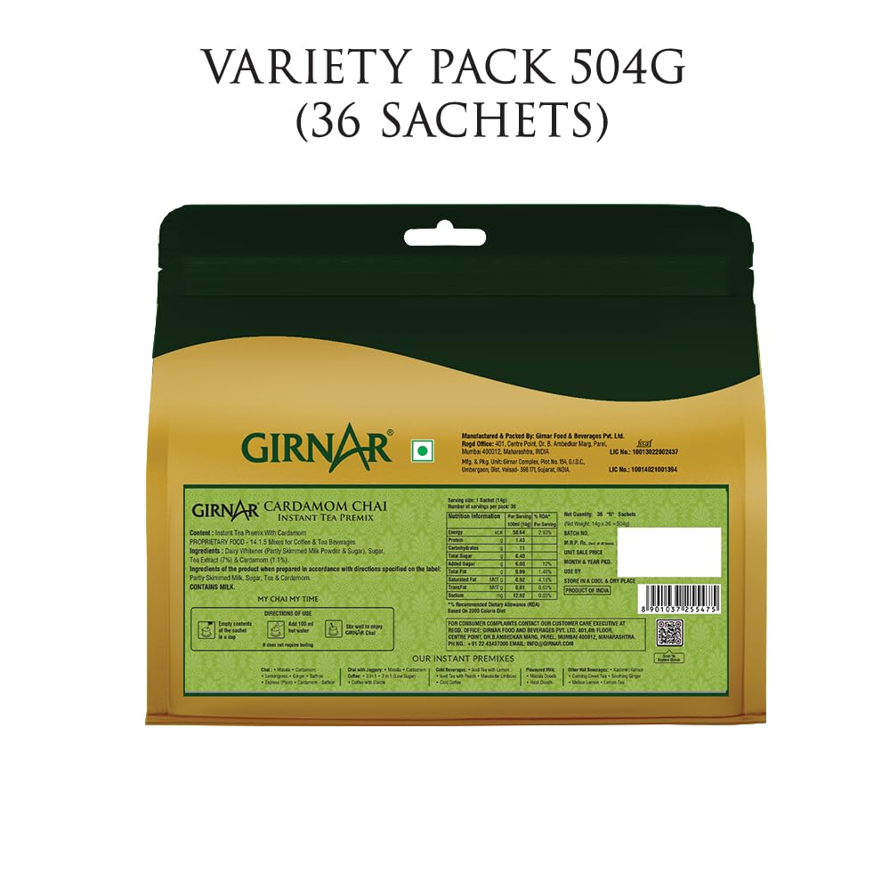 Girnar Instant Cardamom Tea Premix Powder 36 Sachets | Quick Hot Beverage Mix