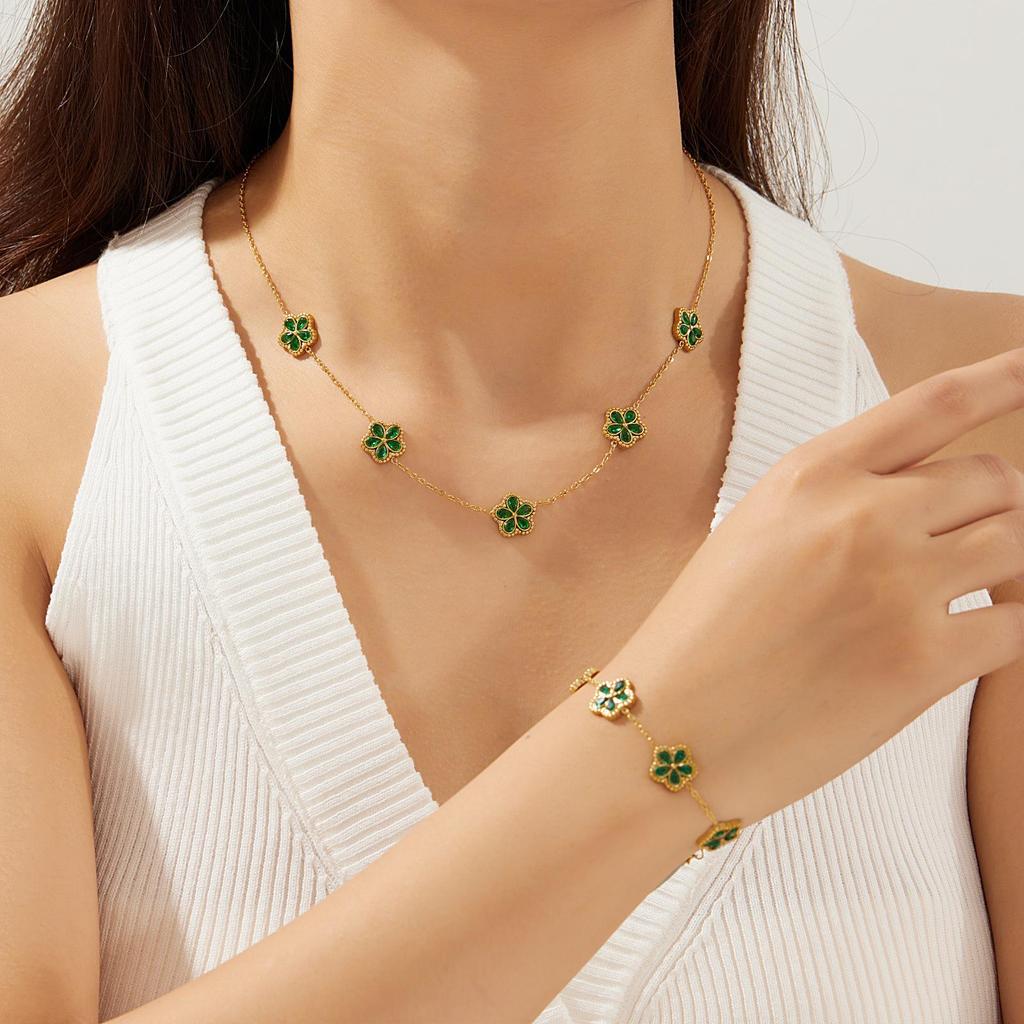 Gold-Plated Rhinestone Glass Flower Jewelry Set with Color Accents