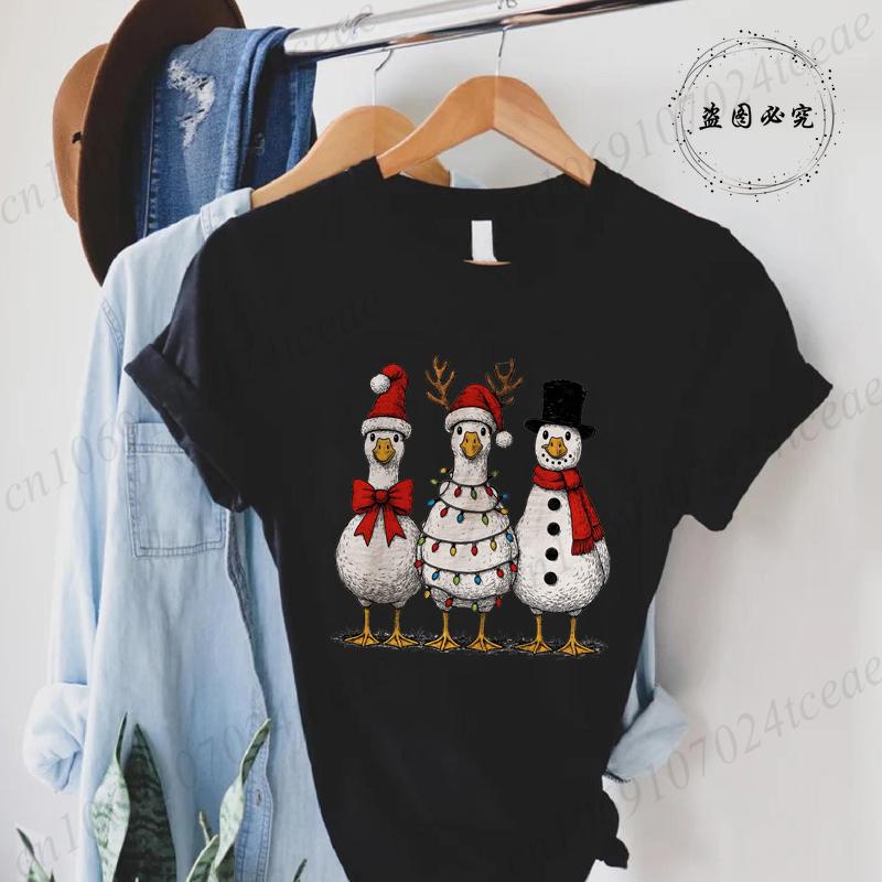 Vintage Jul Gås Tryck Unisex T-shirts Kläder Rund Hals T-shirt Kort Ärm Avslappnad Topp Tomte Gås Unisex Kläder