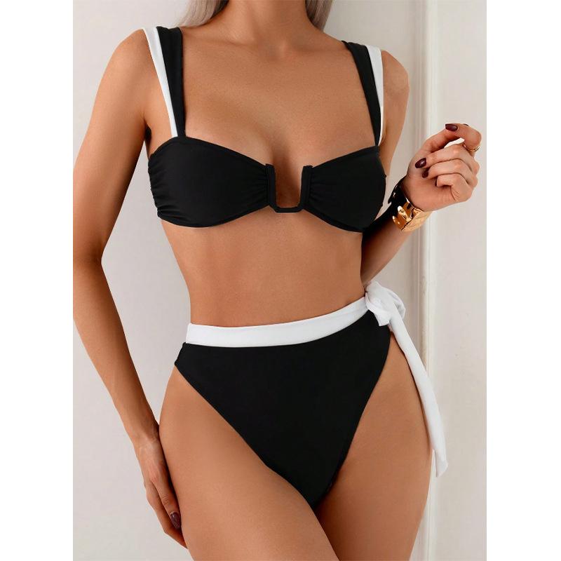 New European and American bikini thick shoulder strap split swimsuit sexy long belt model pure desire style high-end swimsuit women