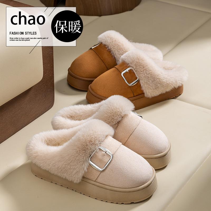 Winter New Thick-soled Cotton Slippers Indoor Home Retro Belt Buckle Velvet Warm Outer Wear Fluffy Slippers