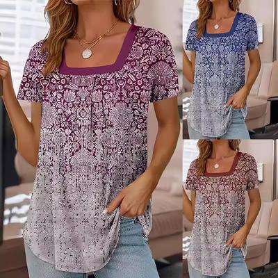 Summer Casual Pullover Top Women's Fashionable Loose Fitting Square Neck Floral Print T-Shirt Casual Short Sleeve Plus Size Commuter Top