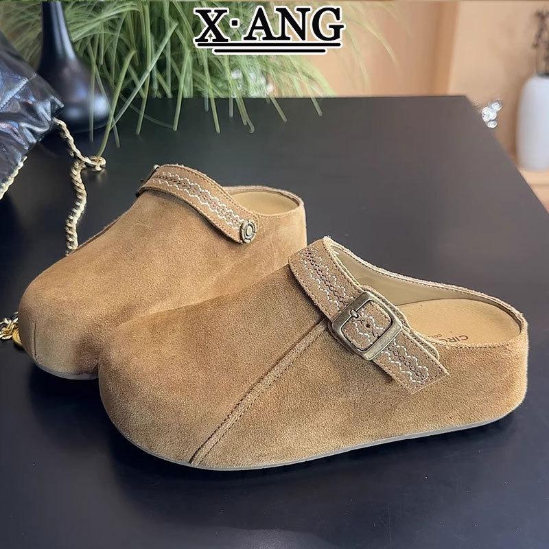 inner height increase thick-soled cowhide version bag head, outer wear half slippers, autumn new one-pedal women's shoes