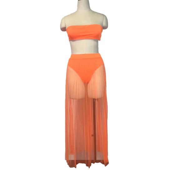 3Pcs/Set Vest Skirt Set Sexy Bandeau Tops High Waist Briefs Mesh Pleated Long Skirt Set Solid Color Outfit