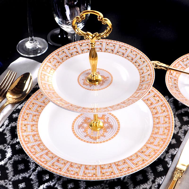 European Style Ceramic Double Layered Tray Fruit And Candy Plate Afternoon Tea Cake Stand Three Tier Dessert Holder Serving Tray