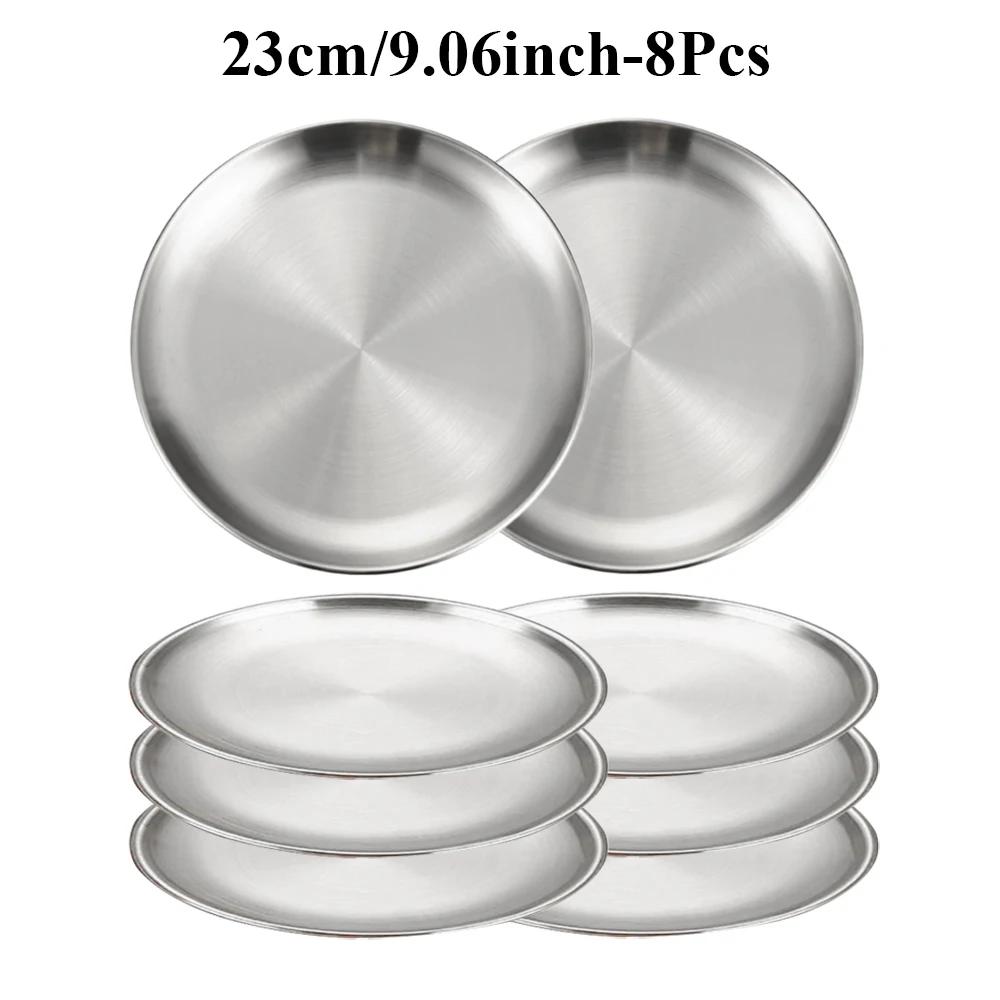 8PC Metal Dining Dish Stainless Steel Round Plate Shallow Tray 14/17/20/23/26cm BBQ Picnic Camping Food Container Tableware Set