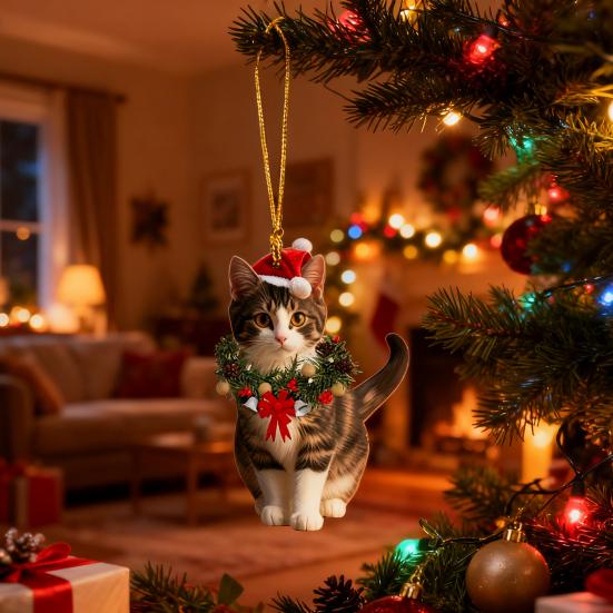 Christmas Pendant 2D Acrylic Cat Wearing Xmas Wreath Charm Car Hanging Ornament Home Office