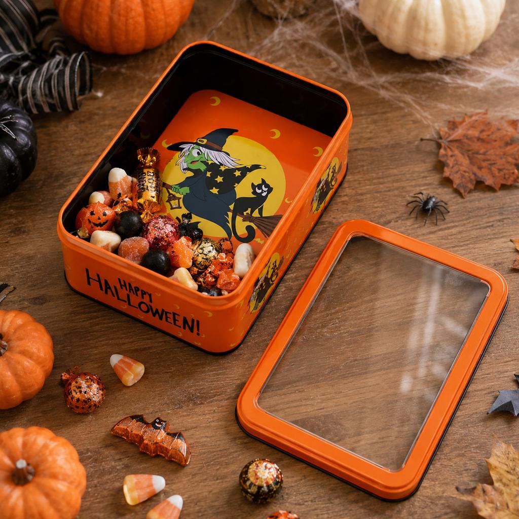 Rectangular Metal Tin Box with Transparent Lid for Candy Cookie Storage and Holiday Decorative Use Halloween Theme Design