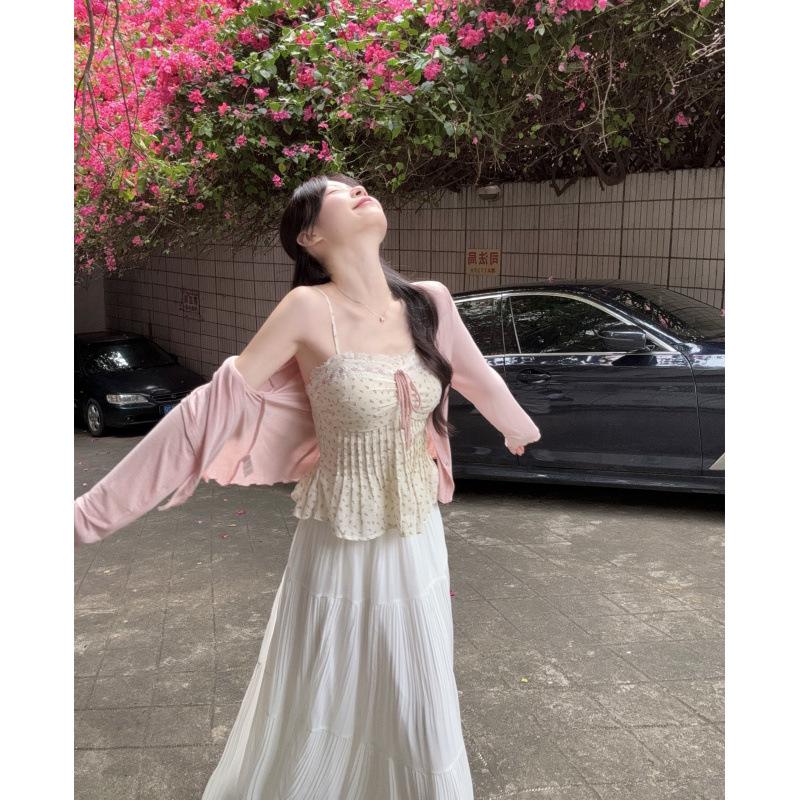 Plus Size Floral Lace Trim Camisole & Cardigan with Pleated Chiffon Skirt Set
