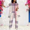 Women Plus Size Round Neck Long Sleeve Printed Layered Top Long Pants Two Piece Set