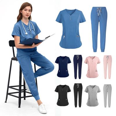 2ks/sada Unisex nemocniční uniforma, výstřih do V, krátké rukávy, kapsy, topy, elastický pas, kalhoty, rychleschnoucí, nemocniční dentální peelingové peelingy, uniformy