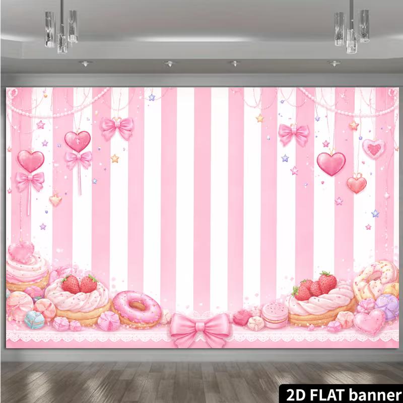 2D Cute Pink Candy Shop Backdrop Sweets Donut Party Photography Background