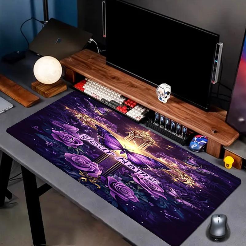 1PC Custom Name Purple Butterfly Cross Mouse Pad, Keyboard and Mouse Desk Pad, for Computer Notebook Birthday Gift For Any Room Or Office