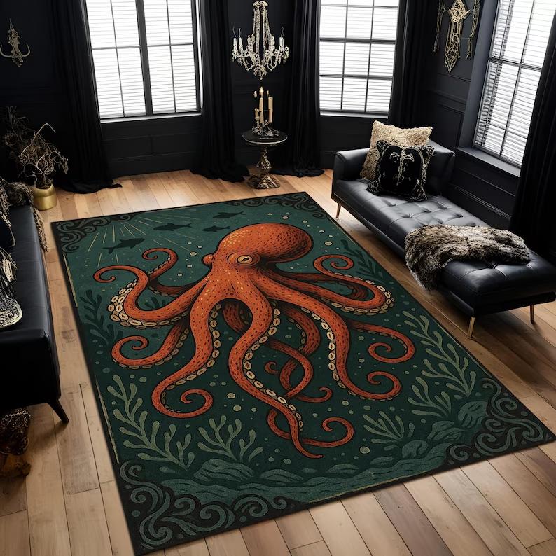 Abstract Watercolor Octopus Rug Ocean Creature Design Non-Slip Carpet Vintage Nautical Octopus Art Floor Mat for Living Room